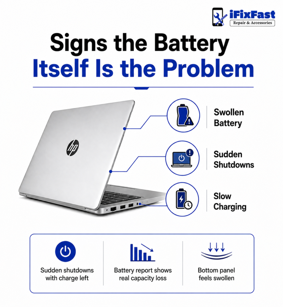 Signs you need an hp laptop battery replacement including swollen battery and slow charging