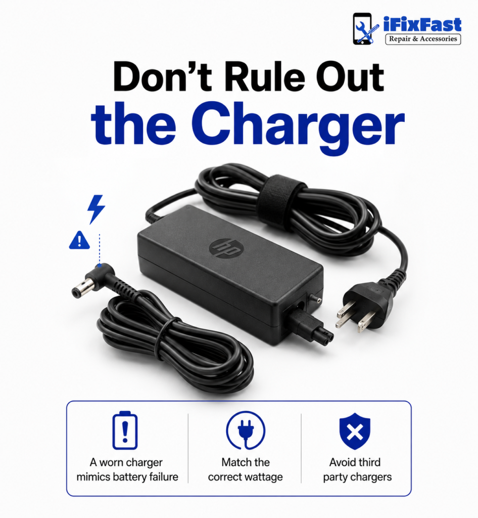 HP charger inspection to rule out before an hp laptop battery replacement